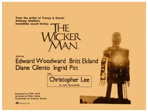 Drucke von Britische Löwenkunst für die deutsche Veröffentlichung von Der Zauberer von Salem mit der Besetzung Christopher Lee als Lord Sommerisle und Eddie Woodwark Film und Filmplakate: Der Wickerman (1973) - UK-Quad-Artwerk