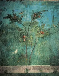 Botanisch Drucke: Mosaik darstellend Garten mit Fruchtbaumen und Vögeln