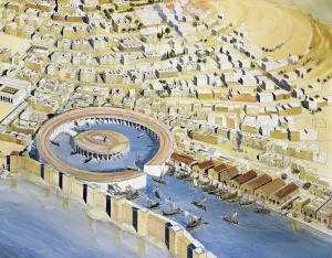 Die punische Zivilisation - Wiederaufbau von Byrsa-Hügel mit der punischen Stadt und Hannibals runder Hafen aus dem späten 4.-2.Jh.v Chr., Fresko des Architekten J. M. Gassend, Detail: Hafen und umliegende Häuser