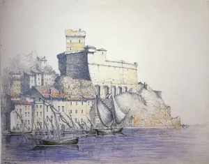 Drucke von Italien, 19. Jahrhundert. Schloss Lerici (La Spezia). Aquarell aus dem Jahre 1852 Aquarellbilder Drucke: Italien, Schloss von Lerici (La Spezia), 1852, Wasserfarbe