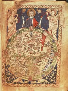 Drucke von Kartographie im Mittelalter, 13. Jahrhundert. Die Weltkarte (Mappa Mundi), mittelalterliche Kartenansicht aus London um das Jahr 1265 in Tinte und Farben auf Pergament Verwandte Bilder Drucke: Karte des Mittelalters, mit Tinte und Farben auf Pergament