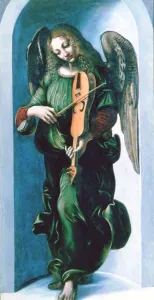 Drucke von Engel auf grünem Himmel mit Harfe spielt aus der Schule von Leonhardo Vincio, um 1490 Öl auf Holz Leonardo Da Vinci Drucke: Engel auf grünem Himmel mit Lautenspiel aus der Schule von Leonardo v