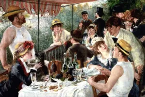 Drucke von Der Luncheon der Bootsmännerparty, 1881 Öl auf Leinwand von Pierre-Auguste Renoir (1841–1919) französischer Maler. Die Party sitzt und trinkt unter einem Zelt im Freien am Ufer eines Flusses Impressionistische Gemälde Drucke: Frühstück auf dem Bootsschiff, 1881. Öl auf Leinwand. Pierre-Auguste Renoir (1841-1919)
