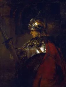 Drucke von Ein Mann im Schilder, 1655. Ölfeder auf Leinwand. Rembrandt van Rijn (1606 - 1669) niederländischer Maler und Radierer. Helm Schildeisen Panzerring Schild Decke Rot Profil Rembrandt Drucke: Ein Mann im Panzer, um 1655. Öl auf Leinwand