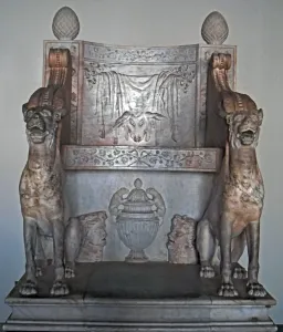 Drucke von Kunstsammlung des Vatikanums.Dirliumthron eines Priesters von Dionysos aus Marmor Vatikanstadt Drucke: Basilika-Sammlung des Thrones eines Priesters von Dionysos aus Marmor