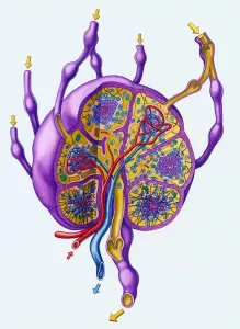Abbildung Drucke: Schnittsweise des Lymphknotens mit Hervorhebung jeder Gewebetypen