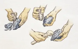 Abbildung Drucke: Feldwerk, Herstellung von Flintwerkzeugen und Waffen mit Steinen durch Handhabung der Steine