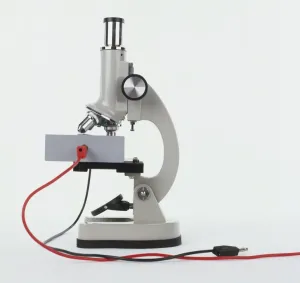 Drucke von Seitenansicht eines Mikroskops mit roter und schwarzer Draht Wissenschaft Und Technologie Drucke: Seitenansicht eines Mikroskops mit roten und schwarzem Kabeln