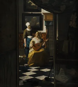 Drucke von Johannes Vermeer (1632-1675). Niederländischer Maler. Die Liebesbrief, ca. 1669-1670. Öl auf Leinwand, 44 x 98,5 cm. Rijksmuseum. Amsterdam, Niederlande Johannes Vermeer Drucke: Johannes Vermeer
