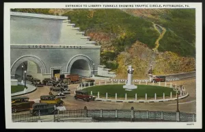 Tunnel Drucke: Freiheits-Tunnel und Verkehrskreislauf um etwa 1932 in Pittsburgh (Pennsylvania)