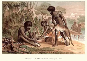 Ursprüngliche Bewohner Australiens vorbereiten ein Essen im 19. Jahrhundert