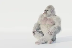 Drucke von CGI-Figuren . Ein surrealer weißer Gorilla mit Sonnenbrille Kunstwerke Des Surrealismus Drucke: Weißer Gorilla mit Sonnenbrille sitzt