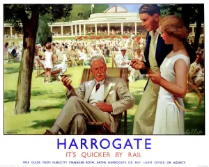 Drucke von Plakate für die London und Nordost-Railway zur Förderung des Zugreisens nach Harrogate im Yorkshire. Das Plakat zeigt Urlauber in Sonnenschirmen auf den Deckchaiseln der Valley Gardens Schlafzimmer Drucke: Harrogat, LNER-Plakat, ca 1930er Jahre