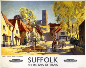 Drucke von Plakett wurde von British Railways (BR) zum Fördern des Zugreisens zur Grafschaft Suffolk produziert. Die Plakette zeigt eine idyllische Ansicht der Dorf Kersey, nahe Lavenham Digitales Kunstwerk Drucke: 'Suffolk', Poster der britischen Regierung (BR), ca. 1950er Jahre