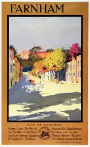 Farnham im Südwesten Englands ist eine Stadt in der Grafschaft Surrey und wurde von 1923 bis 1948 für die South Eastern and Chatham Railway als Werbeposter verwendet