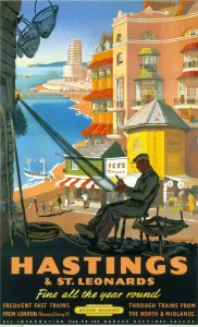 Drucke von Plakat für die British Railways (BR) zur Förderung des Eisenbahnverkehrs nach Hastings und St Leonards, Ost-Sussex England Drucke: Hastings und St Leonards, BR-Plakate, 1952