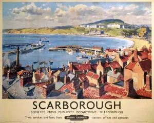 Drucke von Plakatt für die britische Eisenbahnfirma BR, um den Zugang zum Bahnhof von Scarborough im Yorkshires zu fördern. Das Plakat zeigt einen Blick auf das Dorf und Seestrand England Drucke: Scrobborough, BR-Plakate, 1950