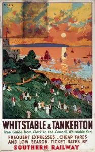 Drucke von Farbenplakatt für die Südwestbahn (SWB), produziert um den Zugang zu den Küstenresorten von Whitstable und Tankerton im County Kent zu fördern; der Künstler ist Cecil King England Drucke: Whitstable und Tankerton, SR-Plakate, 1936