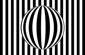 Drucke von Abstrakte Op-Art-Sphäre, die parallele Linien spiegelt und vor einem gestreiften schwarzen und weißen Hintergrund platziert Kunstwerke Des Surrealismus Drucke: Abstrakte Op-Art-Sphäre, die parallele Linien spiegelt