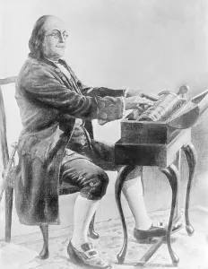 Benjamin Franklin Artwork Drucke: Benjamin Franklin Playing Harmonica