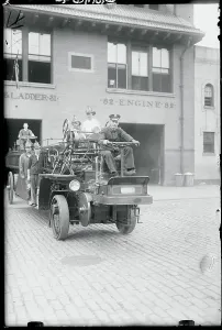 Medium Group Of People Photos Drucke: Firemen and Fire Engine