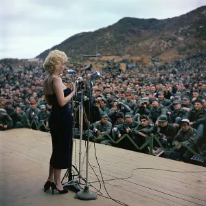 Marilyn Monroe auf der Bühne vor einer Menge Soldaten
