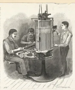 Vintage Printing Equipment Drucke: Men Operating Typesetting Machine