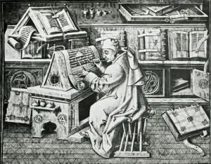 Religious Art History Drucke: Monk Working on Scriptural Document