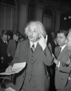 Physischer Albert Einstein spricht bei einer Anhörung