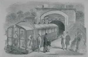 Transportation In Victorian Era Drucke: Pneumatic Train Pulling into Station