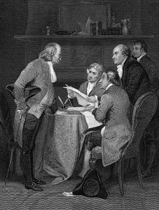 Drucke von Der Komitee aus Benjamin Franklin ,Thomas Jefferson ,John Adams,Robert Livingstone und Roger Sherman wird im ungedruckten Kupferstich gezeigt die den Unabhängigkeitsaufruf entwarf J Drucke: Der Ausschuss zur Entwurf der Erklärung von Einigkeit