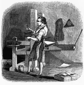 Historical Woodcut Prints Drucke: Illustration of Benjamin Franklin as an Apprentice Printer