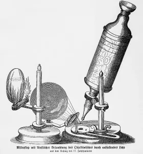 Compound Microscope History Drucke: Illustration of Robert Hooke's Compound Microscope