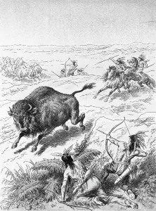 Drucke von Illustration von Ureinwohnern der Prärie, die Rinder über das Weideland auf Pferden jagt. Datierungsdatum unbekannt; Illustration ohne Signatur (BPA 2 # 2475) Verwandte Bilder Drucke: Ureinwohner Amerikas jagen Bisons