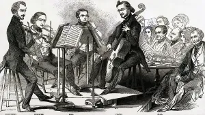 Woodcut Artwork For Sale Drucke: A String Quartet Giving A Performance