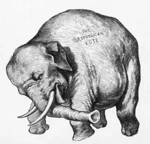 Drucke von Ein Detail eines politischen Cartoons von Thomas Nast, das in Harper's Weekly 1874 veröffentlicht wurde Thomas Nast Drucke: Detail des Dritte-Termus-Paniks von Thomas Nast
