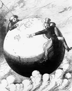 Uncle Sam Cartoon Drucke: Uncle Sam and Ivan Hanging onto the World