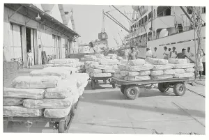 Shipping Industry Drucke: Workers Loading Rubber for Export on Ship Dock
