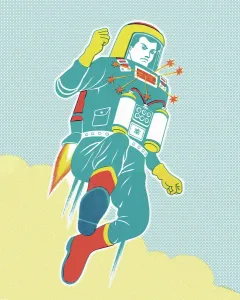 Drucke von Ein Kosmonaut mit einem Jetpack - ein atemberaubender Moment aus der Welt der Science Fiction Pop-Art Drucke: Astronaut mit Jetpack