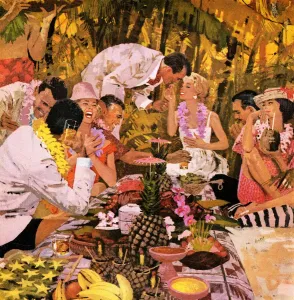 Drucke von Ein abendlicher Luau-Party-Szenario, das mit einer atemberaubenden Mischung aus farbenfrohen Blumen, leuchtenden Lichtern und fröhlichen Gesichtern zum Leben erweckt Pop-Art Drucke: Großes Luau-Fest in Hawaii