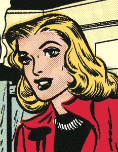 Drucke von Ein Hauch von Romantik umgibt diese Blondine in ihrem roten Mantel, wie sie durch die Straße schreitet. Die Farben sind lebendig und intensiv, das Licht ist sanft und warm Comic-Bücher Drucke: Eine Blondine in einem roten Mantel