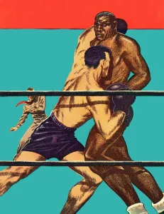 Drucke von Ein Moment der Ruhe zwischen den Schlägen, ein Ausdruck von Entschlossenheit und Stärke. Die Boxer stehen sich gegenüber, bereit für das nächste Gefecht Pop-Art Drucke: Boxkampf in der Kunst