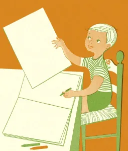 Retro Style Artwork Drucke: Boy Sitting at a Table with Notepad