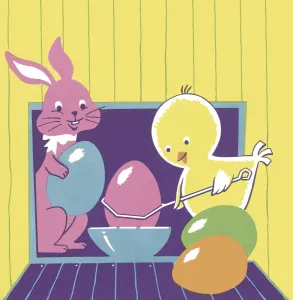 Colored Background Paintings Drucke: Chick and Bunny With Easter Eggs
