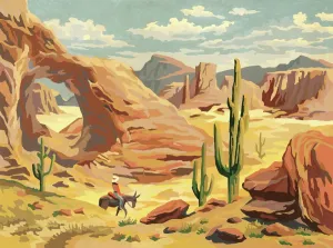 Drucke von Ein einsamer Cowboy steht inmitten einer atemberaubenden Wüstenlandschaft, umgeben von endlosen Dünen und einem Himmel voller Farben. Die Szene ist so still wie der Wind, der über die Ebene weht Pop-Art Drucke: Wüstenlandschaft mit Cowboy