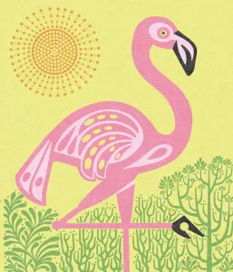 Drucke von Ein Flamingo steht in der warmen Sonne, seine Farben leuchten auf und erstrahlen in einem Bündel von Licht und Schatten Pop-Art Drucke: Flamingo in Sonnenlicht
