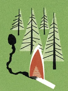 Drucke von In der Tiefe des Waldes brennt ein Feuer, das die Natur in eine Traumwelt verwandelt. Die Flammen tanzen um die Bäume herum, als ob sie tanzende Schatten wären Wald-Kunstwerk Drucke: Waldbrandlandschaft