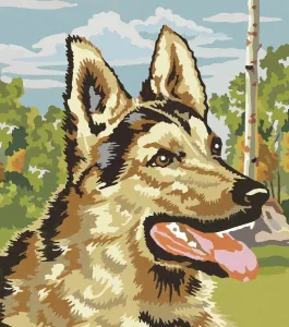 Drucke von Ein majestätischer German Shepherd, gefangen in einer Welt der Traumhaftkeit. Seine Augen strahlen Selbstvertrauen und Loyalität aus, während seine Gestalt sich gegen die dunkle Landschaft abhebt Pop-Art Drucke: Ein deutscher Schäferhund in einer faszinierenden Kunstillustration