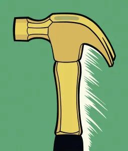 Drucke von Ein goldenes Hammer, Symbol der Schöpfungskraft und Kreativität. In diesem faszinierenden Kunstwerk wird die Macht des Schaffens in einer einfachen yet eindrucksvollen Weise dargestellt Pop-Art Drucke: Ein goldenes Hammerwerkzeug in einer faszinierenden Kunstillustration