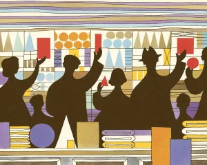 Retro Revival Style Art Drucke: Group of People with Objects